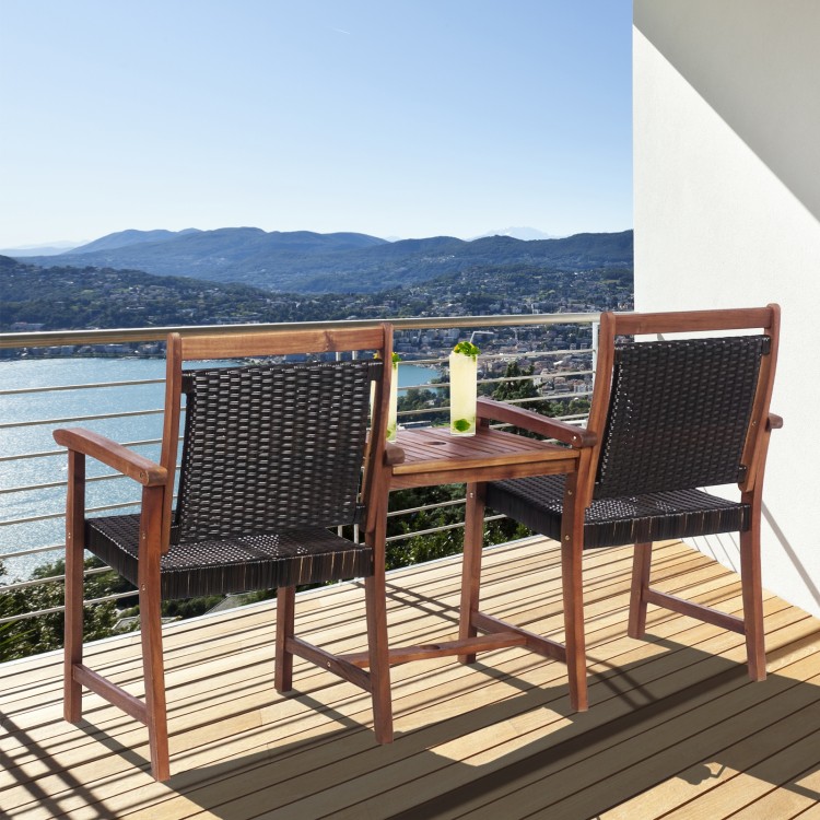 Two-seat patio set featuring acacia wood chairs with rattan seats and a coffee table, perfect for outdoor relaxation.