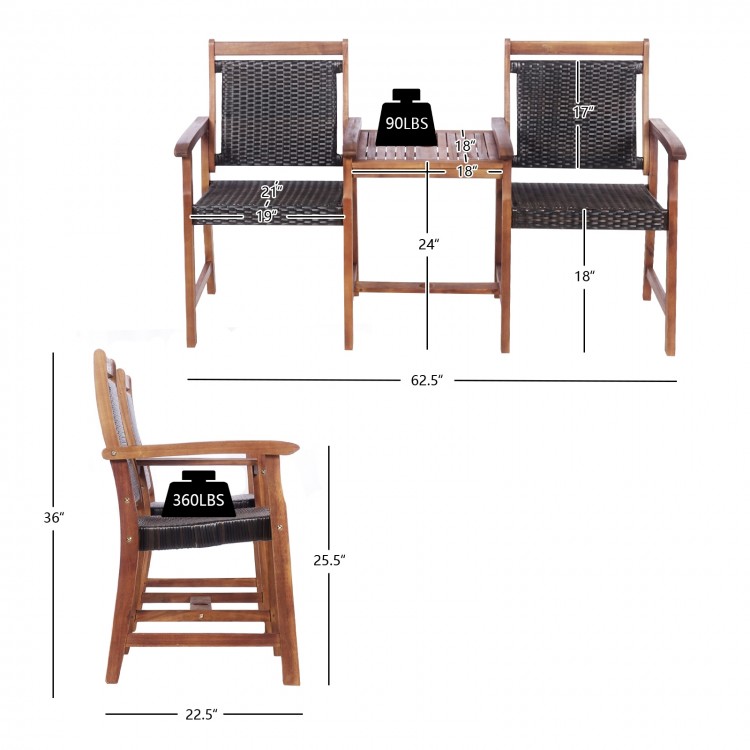 2-seat patio rattan chair set with acacia wood structure and coffee table, ideal for outdoor relaxation and gatherings.