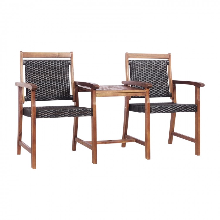 Two acacia wood chairs with PE wicker seats and a coffee table, perfect for outdoor patio relaxation.