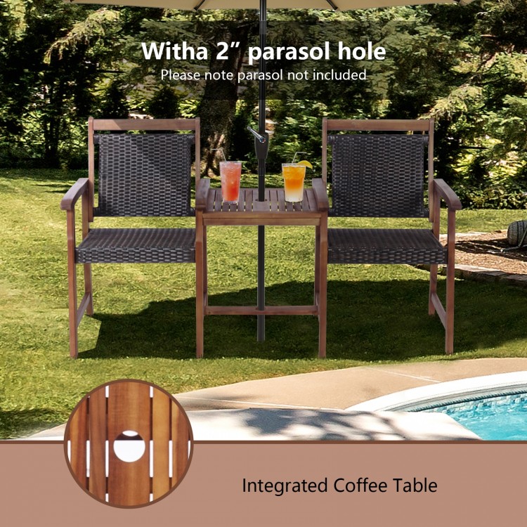 2-seat patio set featuring acacia wood chairs and integrated coffee table with a 2" parasol hole, ideal for outdoor use.