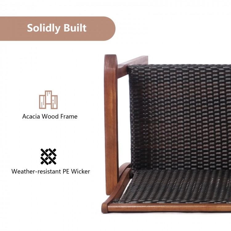 Close-up of the 2-seat patio chair's acacia wood frame and weather-resistant PE wicker, ideal for outdoor relaxation.