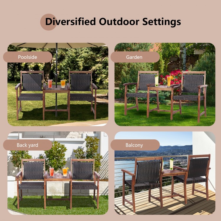 2-seat patio rattan chair set with acacia wood table, ideal for garden, balcony, or poolside relaxation.