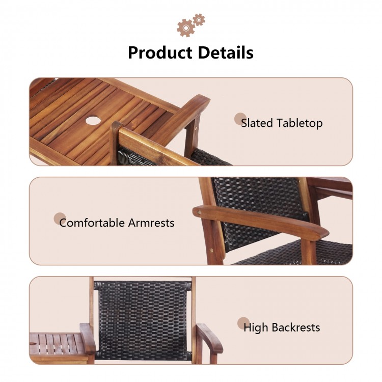 Close-up of the slatted tabletop and comfortable armrests of the 2-seat patio rattan acacia wood chair set for outdoor.