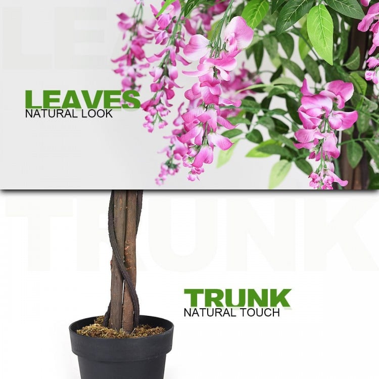 Close-up of the 6-feet artificial wisteria tree showcasing vibrant pink leaves and natural-looking trunk for.