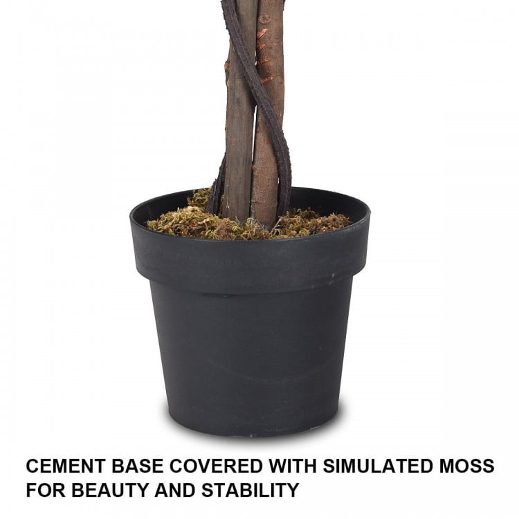 Cement base covered with simulated moss for stability, supporting a 6-feet artificial wisteria tree for indoor-outdoor.