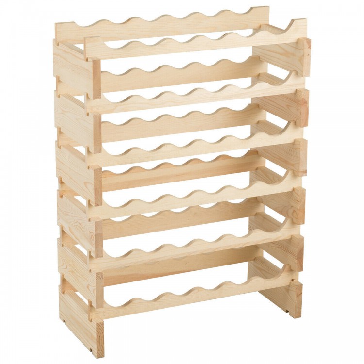 Modular wooden wine rack with an arc-shaped design, showcasing a side view of six shelves for storing 36 bottles.
