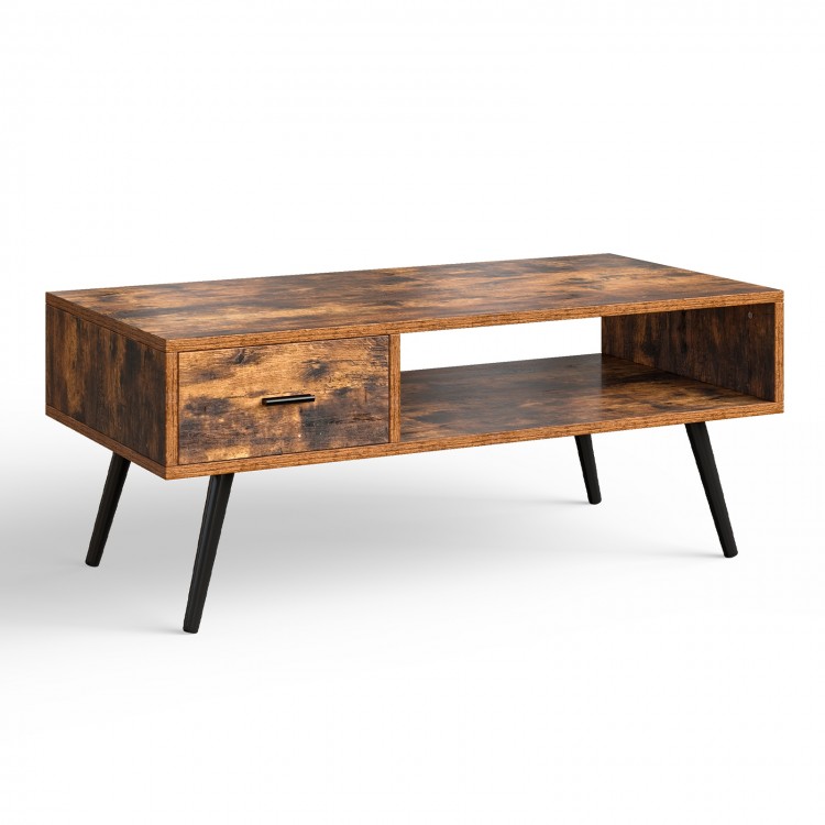 Side view of rustic brown retro coffee table highlighting sturdy pine wood legs and practical drawer for storage.
