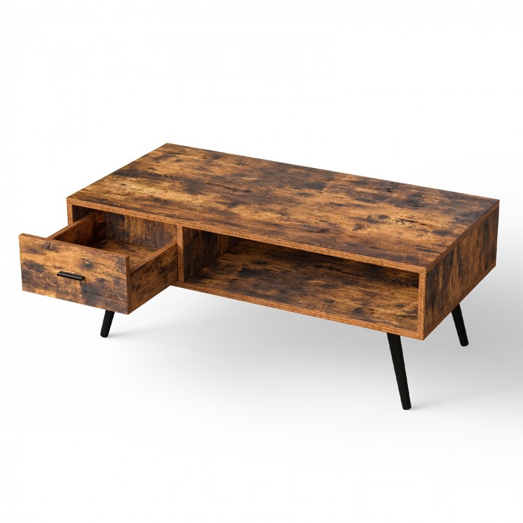 Rustic brown retro coffee table with spacious drawer and shelf, showcasing natural wood grain for stylish home decor.