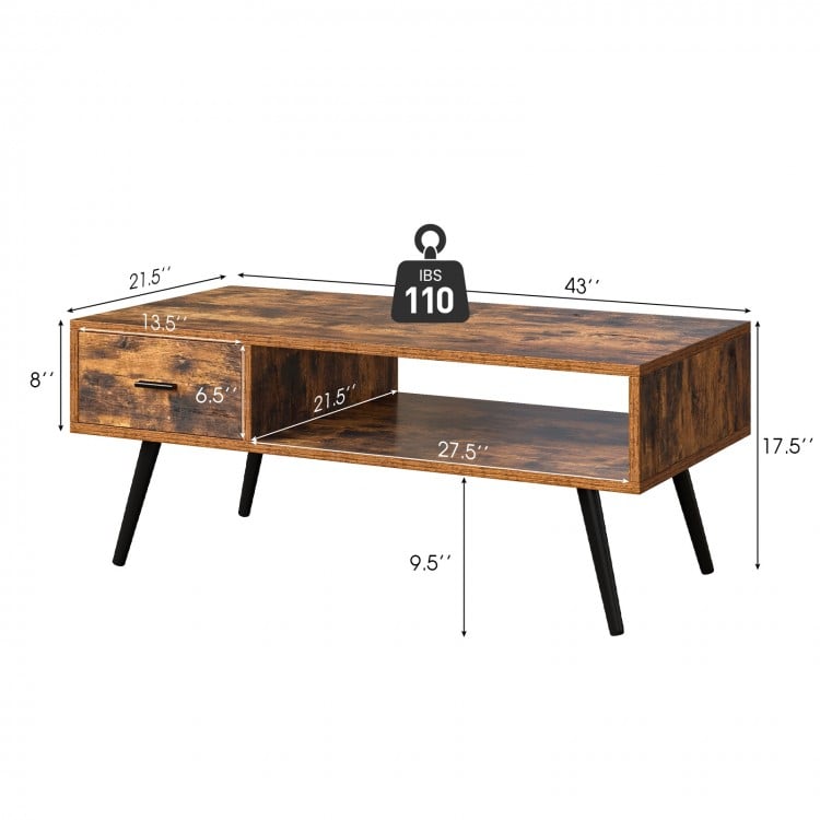 Rustic brown retro coffee table featuring a spacious open shelf and a convenient drawer, ideal for stylish storage.