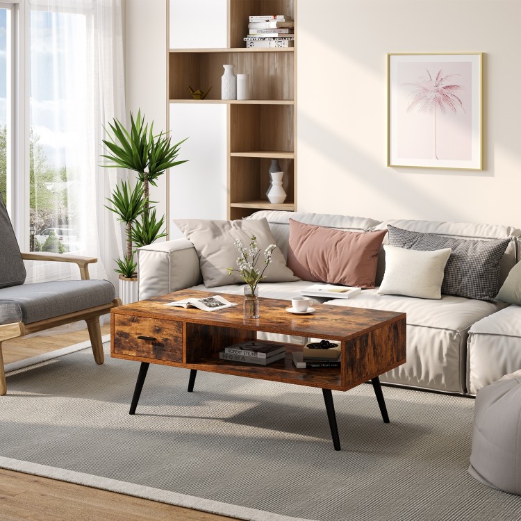Retro rectangular coffee table in rustic brown with drawer and open shelf, perfect for living room or office decor.