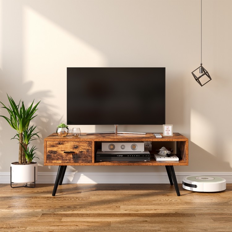 Rustic brown retro coffee table featuring a smooth surface, sturdy pine wood legs, and versatile open shelf for decor.