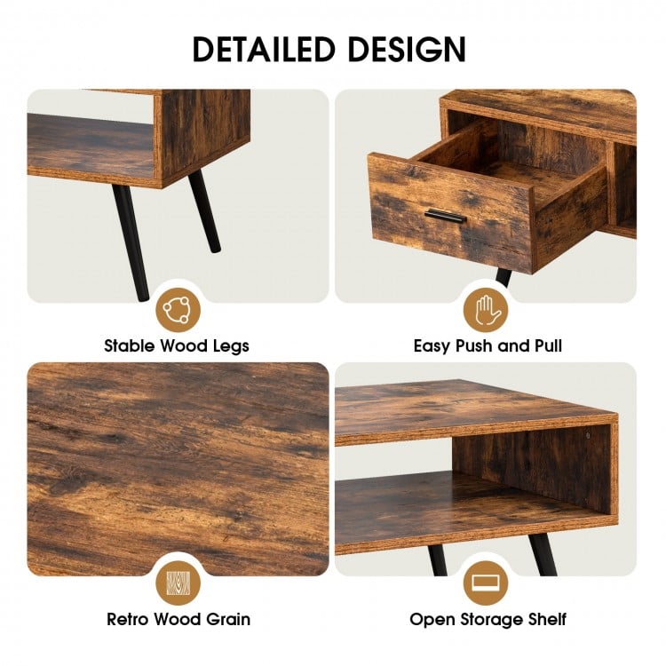 Retro rectangular coffee table in rustic brown with drawer and open storage shelf, featuring stable pine wood legs.