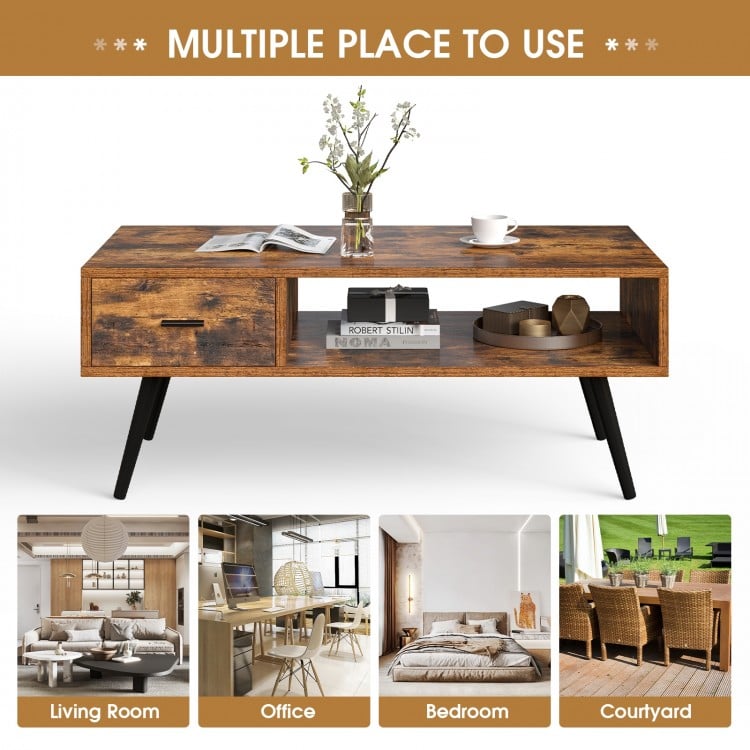 Rustic brown retro coffee table with drawer and open shelf, ideal for displaying decor in living room or office spaces.