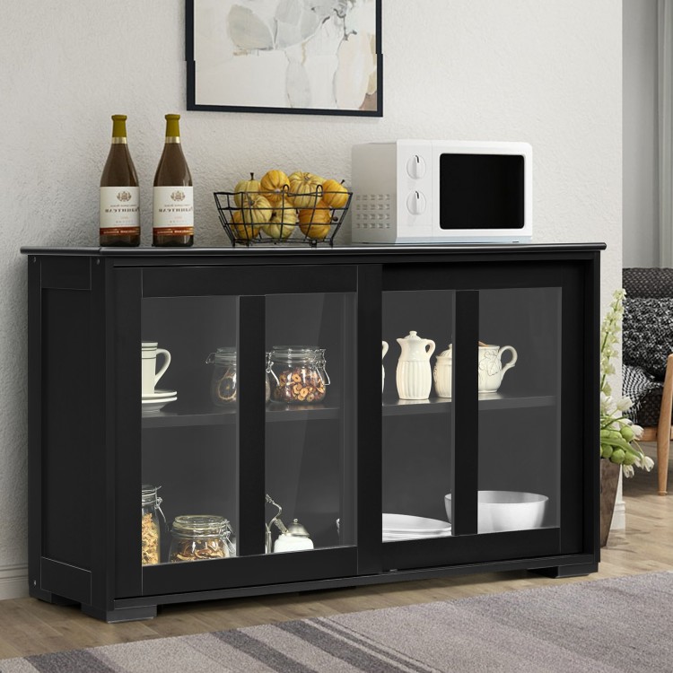 Black kitchen storage cabinet with glass sliding doors, featuring spacious top and two shelves for organized storage.