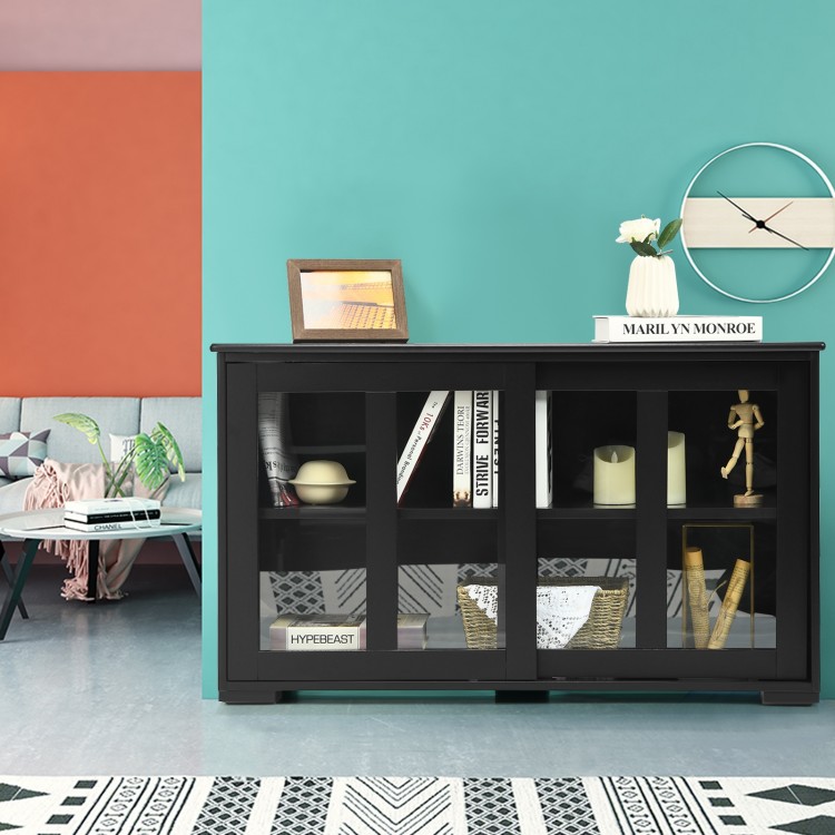 Black kitchen storage cabinet with glass sliding doors, showcasing a spacious top ideal for display or storage in a.