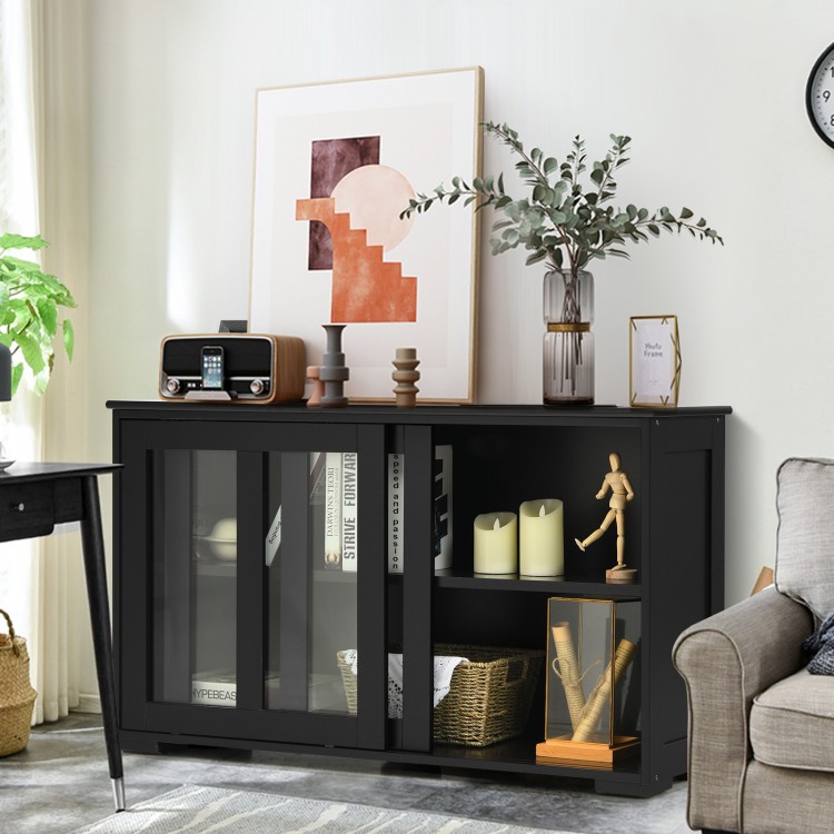 Black kitchen storage cabinet with glass sliding doors, featuring spacious top and shelves for organized display and.