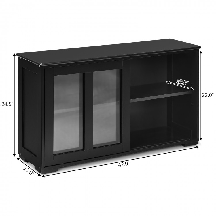 Black kitchen storage cabinet with glass sliding doors, featuring two shelves and a spacious top for display or storage.