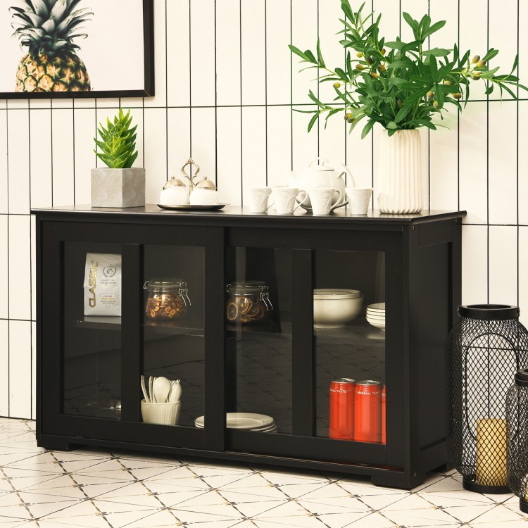 Black kitchen storage cabinet with sliding doors, showcasing clear glass fronts and a sleek, contemporary design for.