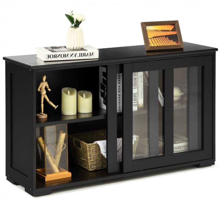 Kitchen storage cabinet with glass sliding doors in black, featuring two shelves and a spacious top for display or.