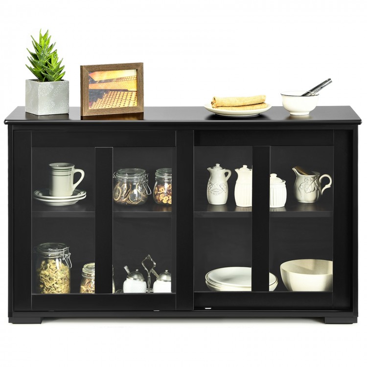 Black kitchen storage cabinet with glass sliding doors, featuring two shelves and a spacious top for display and.