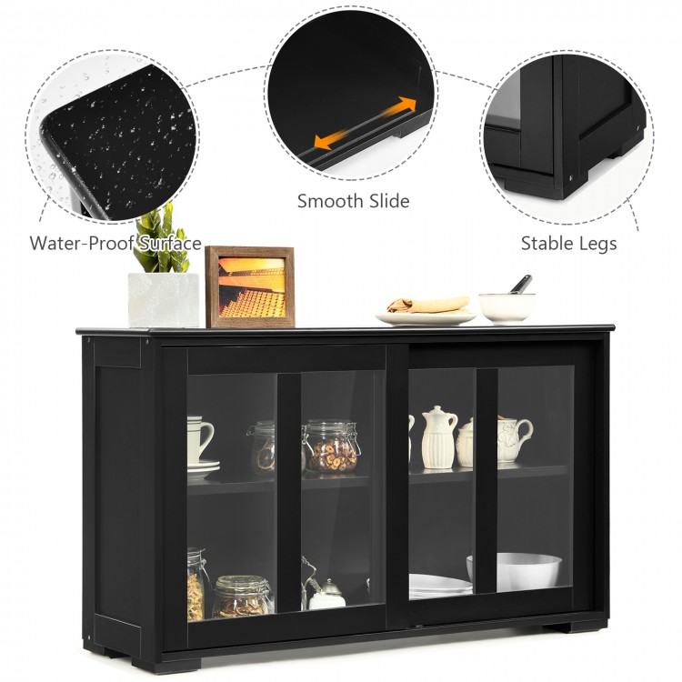 Kitchen storage cabinet with glass sliding doors in black, featuring a spacious top and solid wood construction for.