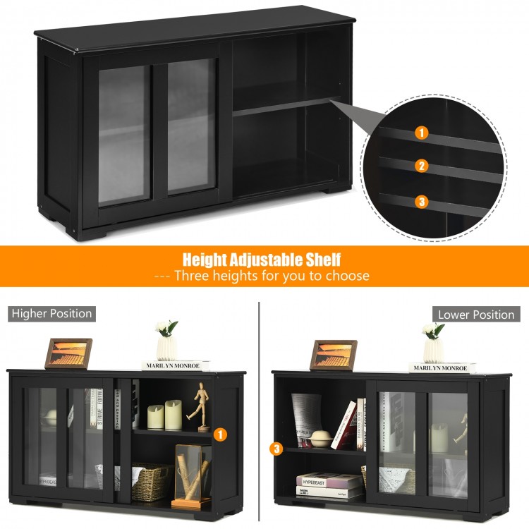 Kitchen storage cabinet with glass sliding doors, featuring adjustable shelves and a spacious top for display or.