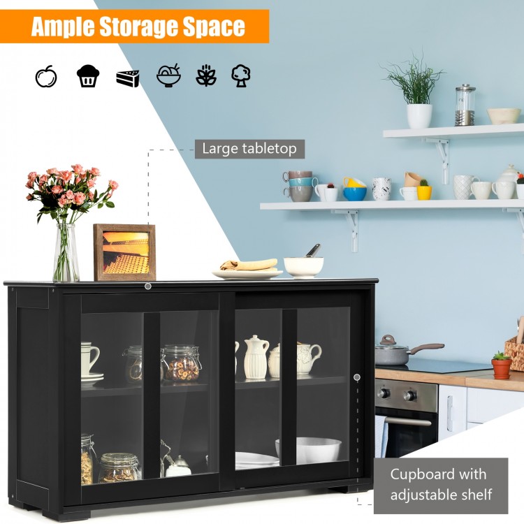 Black kitchen storage cabinet with glass sliding doors, spacious top, and adjustable shelves for organized storage.