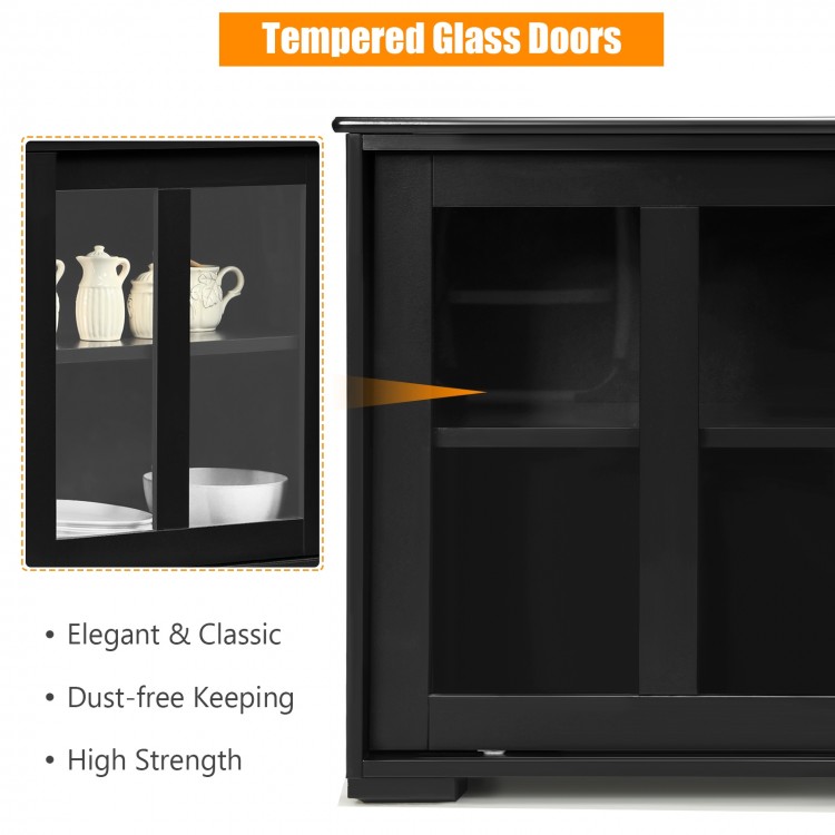 Tempered glass sliding doors of a black kitchen storage cabinet, featuring solid wood construction and spacious top for.