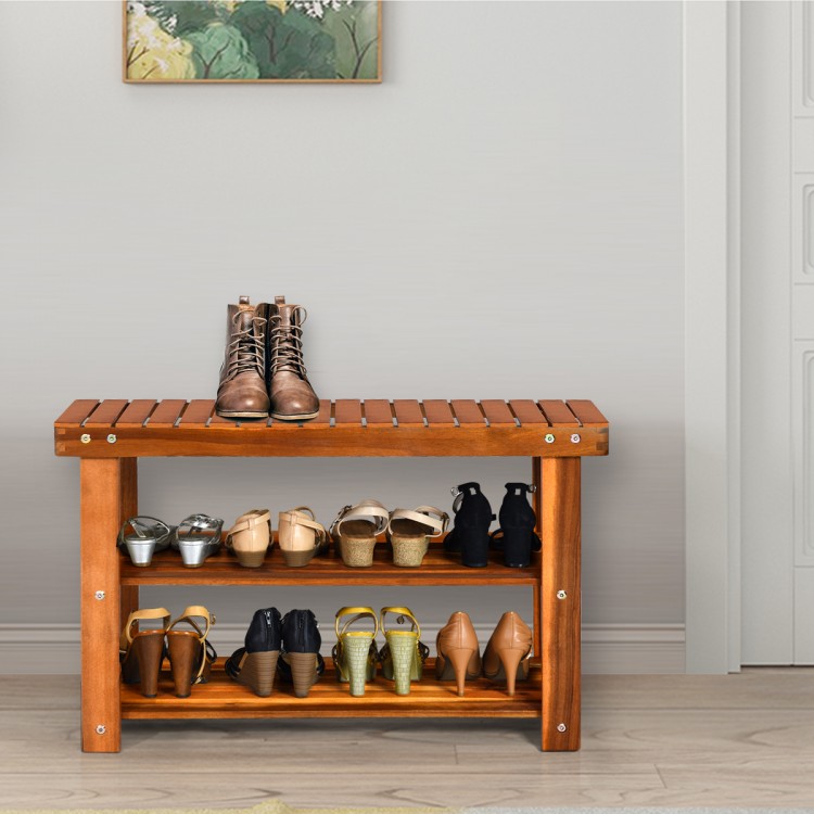Freestanding wood bench with 3-tier storage shelves, made of acacia wood, ideal for entryway or living room use.
