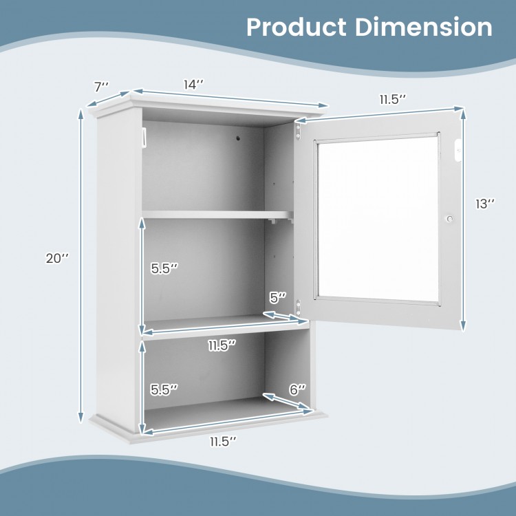 Dimensions of the white wall-mounted medicine cabinet with adjustable shelves and single door for bathroom storage.