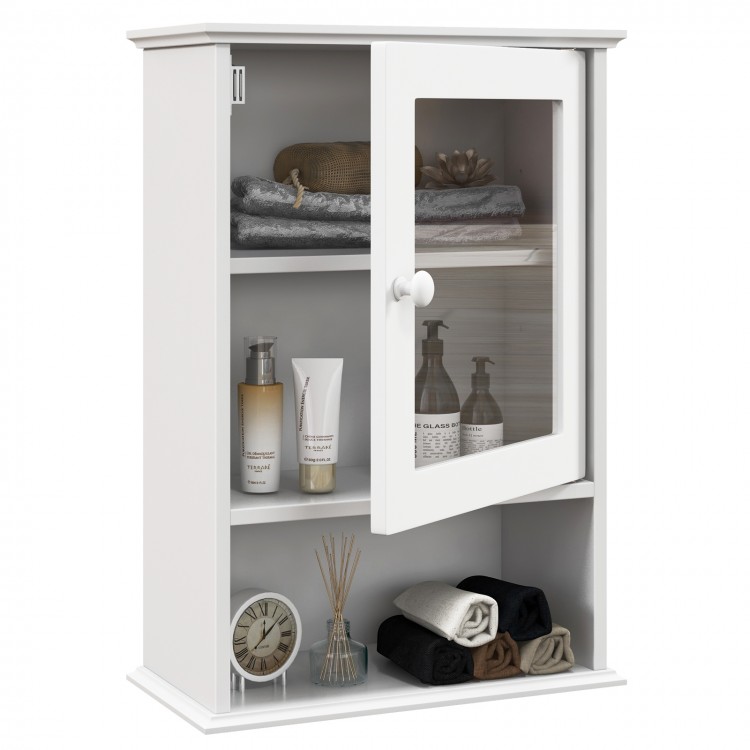 Wall-mounted white medicine cabinet with adjustable shelves, featuring a glass door and ample storage for bathroom.