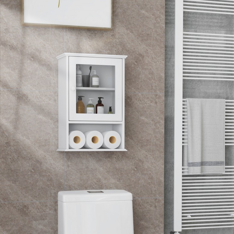 Wall-mounted white medicine cabinet with adjustable shelves, offering ample storage for bathroom essentials.