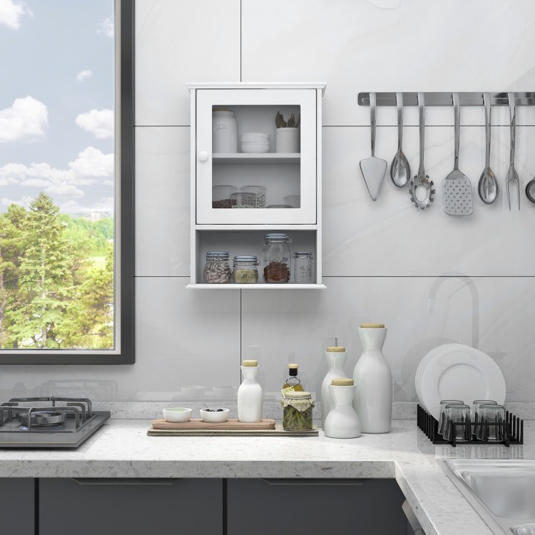 White wall-mounted medicine cabinet featuring adjustable shelves, two storage compartments, and a modern design for.