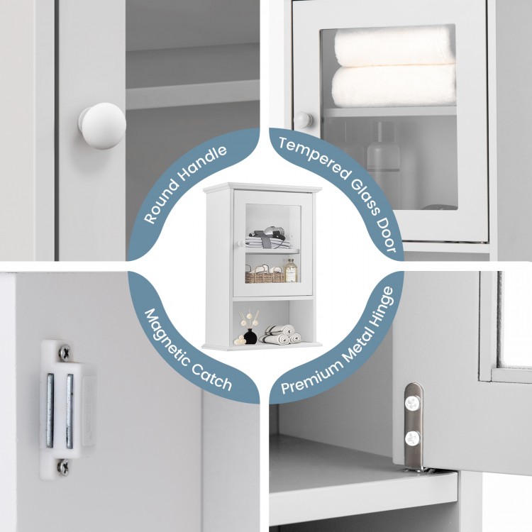 Close-up of the white bathroom wall-mounted medicine cabinet showcasing the tempered glass door and round handle.