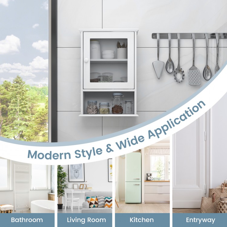 White wall-mounted adjustable medicine cabinet with open shelf and two compartments, ideal for bathroom or kitchen.