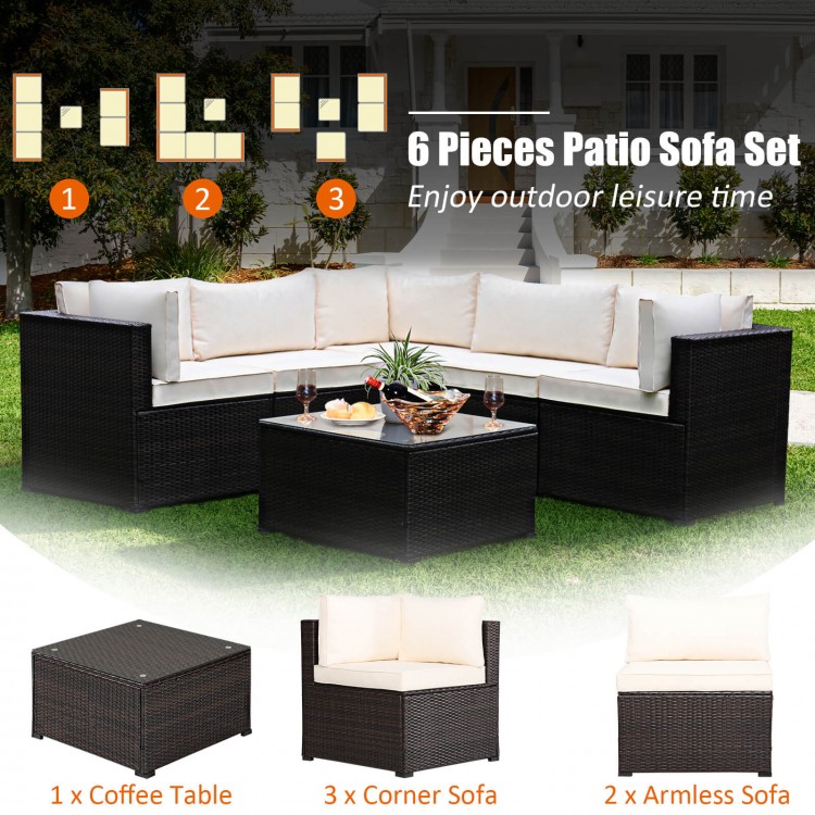 Single armless sofa piece from the 6-piece patio furniture set in beige, featuring weather-resistant rattan for.