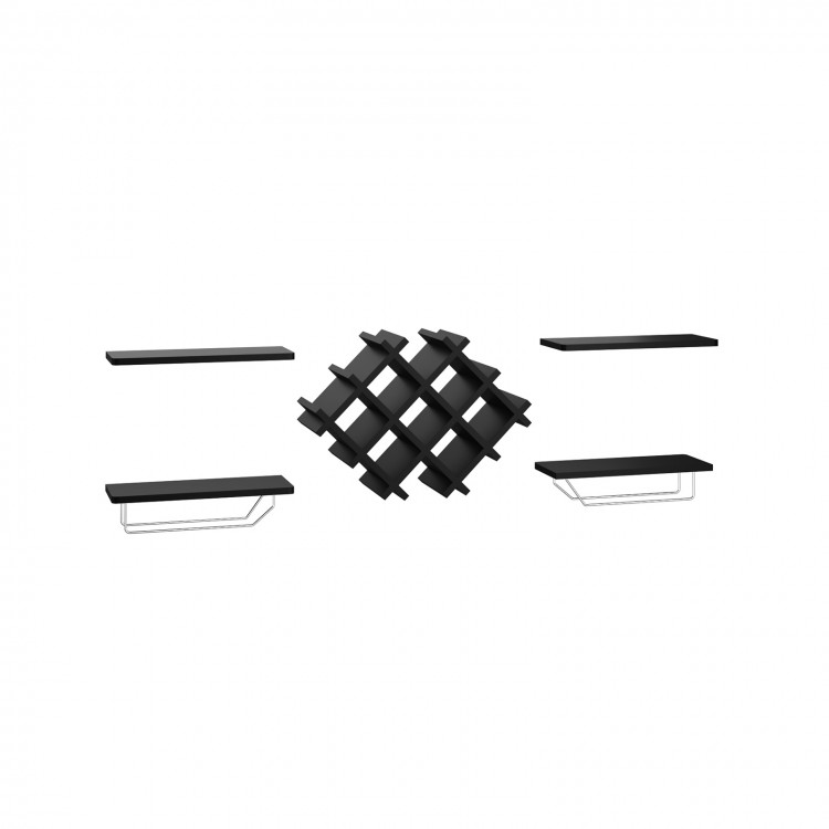 Set of 5 black wall mount wine rack with shelves, featuring a unique diamond design for stylish storage and display.