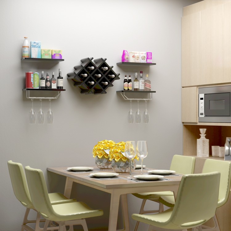 Wall mount wine rack set in black with shelves, storing eight bottles and displaying glasses, perfect for modern decor.