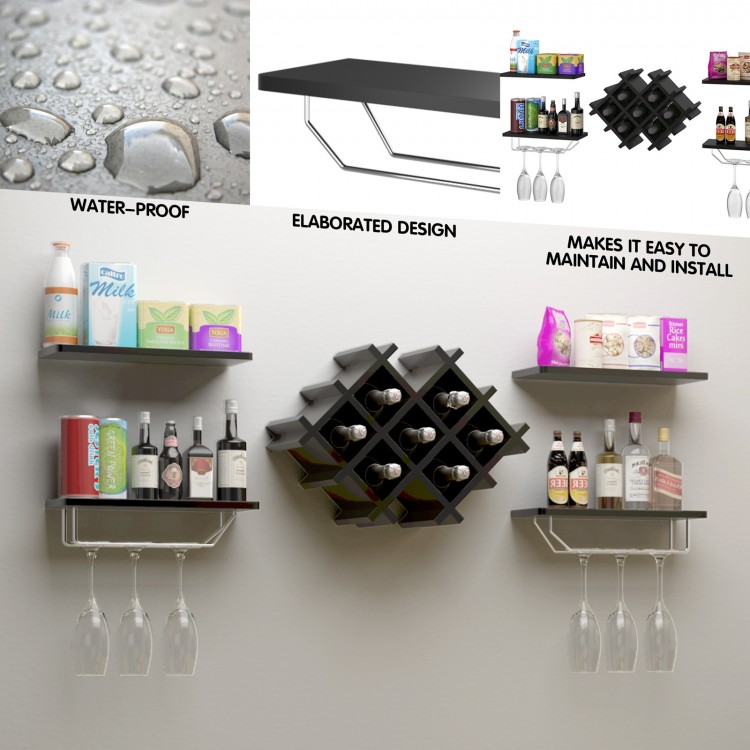 Wall mount wine rack set in black with diamond design, featuring storage shelves for bottles and glasses.
