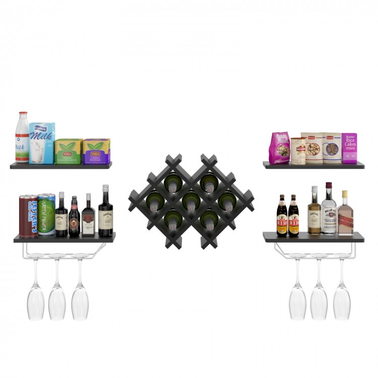 Wall mount wine rack set in black with storage shelves, holding eight bottles and displaying wine glasses and decor.