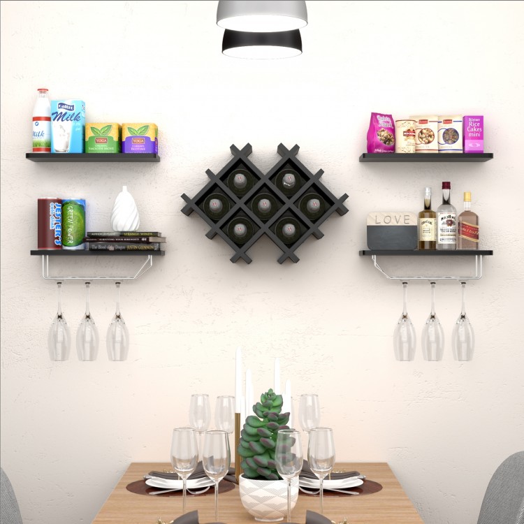 Wall-mounted black wine rack set with storage shelves, holding eight bottles and displaying glasses and decor items.