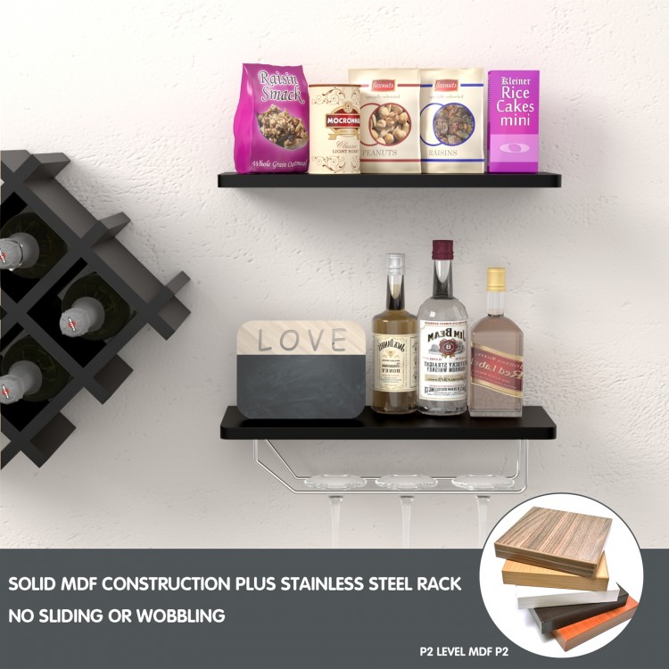 Wall mount wine rack set with black shelves, storing eight bottles and displaying glasses, made of MDF and stainless.