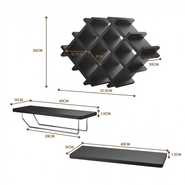 Wall mount wine rack set in black with diamond design, made of MDF and stainless steel, ideal for stylish storage.