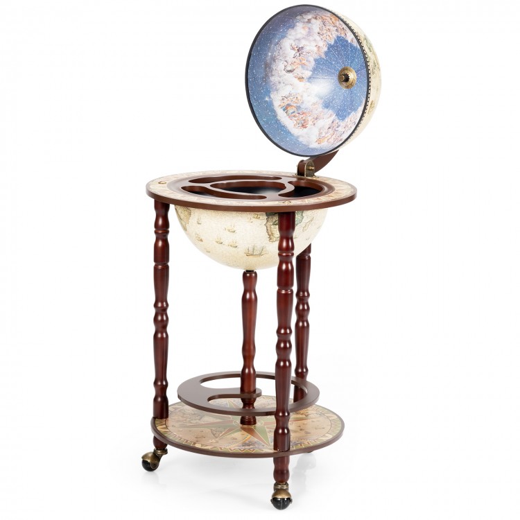 17-inch Italian style wooden globe liquor rack with wheels, featuring an old world map and heavenly view for elegant.
