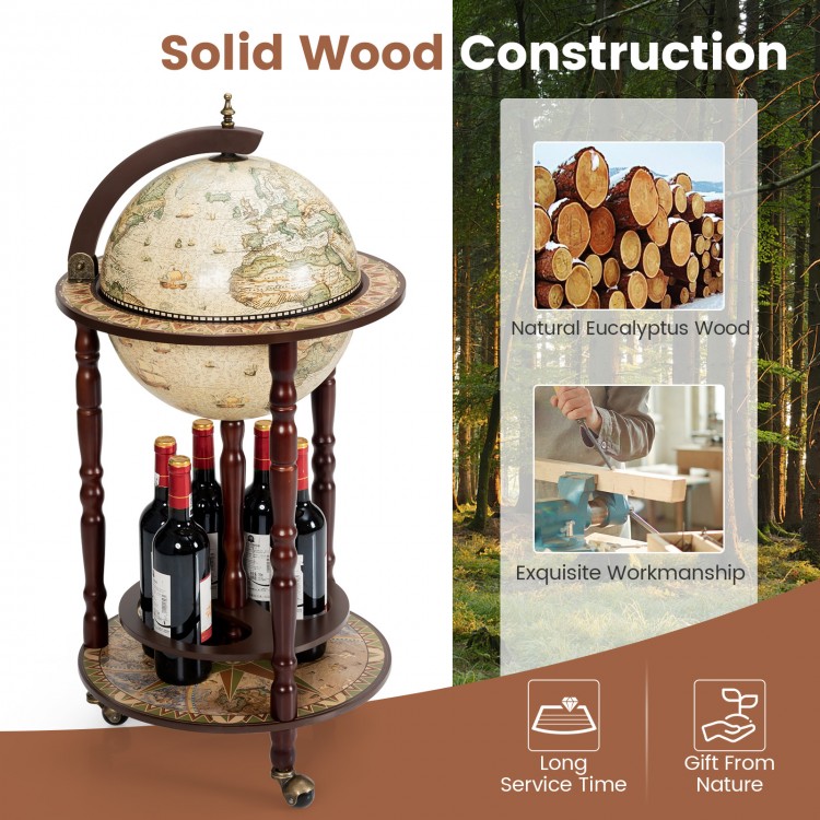 17-inch wooden globe liquor bottle wine rack on wheels, featuring an old world map and natural eucalyptus wood.