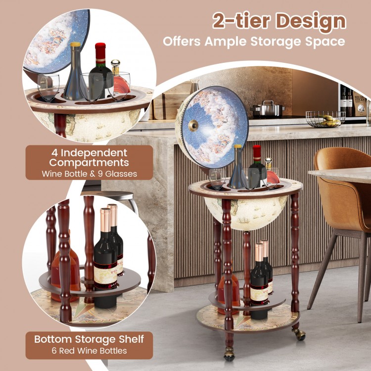 17-inch wooden globe wine rack with wheels, featuring 4 compartments for bottles and glasses, perfect for stylish.