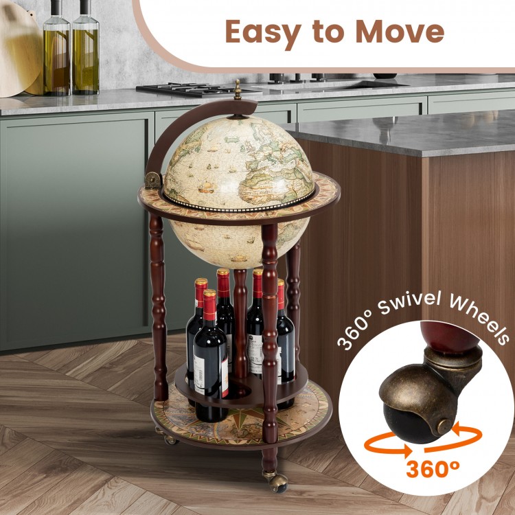 17-inch wooden globe liquor bottle rack with 360° swivel wheels, featuring an old world map design for stylish wine.