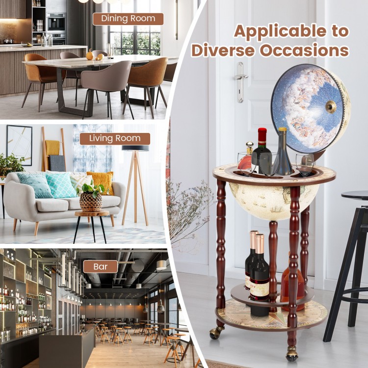 17-inch Italian style wooden globe liquor bottle wine rack with wheels, featuring an old world map design for stylish.