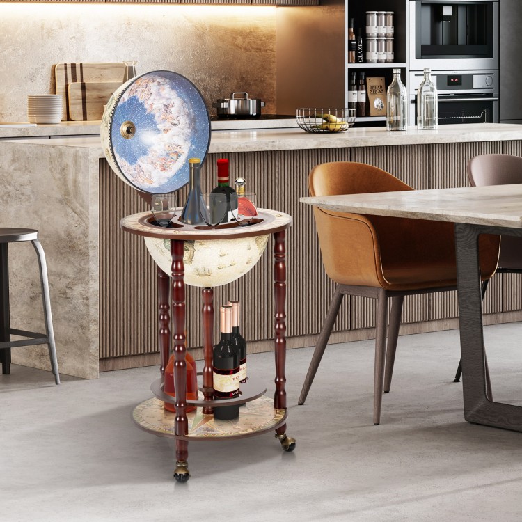 17-inch wooden globe liquor bottle wine rack with wheels, featuring an old world map design for stylish storage.