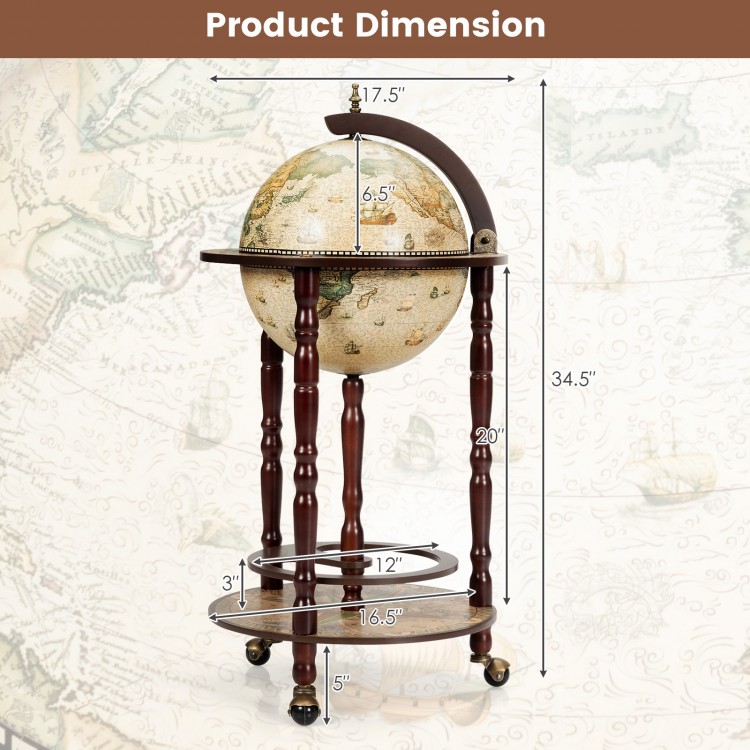 17-inch wooden globe liquor bottle rack with wheels, featuring an old world map design and elegant craftsmanship.